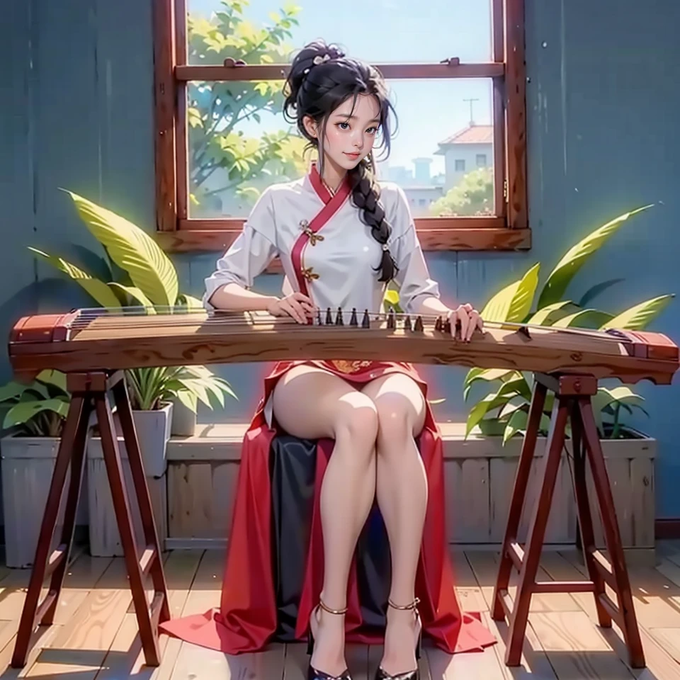 1girl, sitting, high heels, playing guzheng, guzheng, bare arms, pantyhose, masterpiece, best quelity, 8k, Shirt, Braid hairstyle, In a high-tech laboratory