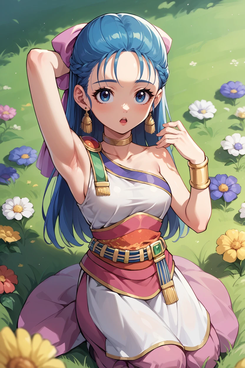 score_9, score_8_up, score_7_up, score_6_up, source_anime, BREAK 1girl, <lora:nera-pdxl-nvwls-v1-000006:1> nera, hair bow, bracelet, choker, earrings, long dress, sash, looking at you, medium breasts, kneeling, seiza, arm up, looking at you, chestnut mouth, field, flowers, grass