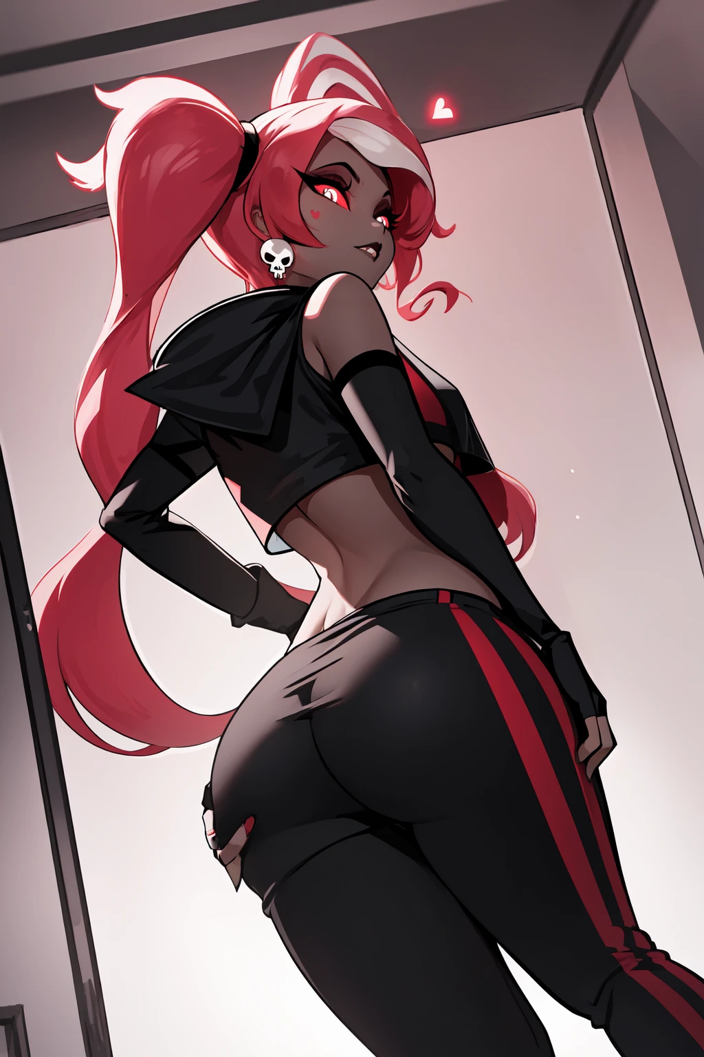 (masterpiecer, best quality), VelvetteHH, dark eyeshadow, white pupils, red sclera, pink hair, two-tone hair, twintails, long hair, skull earrings, colored skin, dark skin, black jacket, (black crop top:1.4), (crop top with heart design), bare shoulders, fingerless gloves, elbow gloves, (vertical striped pants:1.2), standing, from behind, big ass, focus ass, looking at viewer, indoors, room <lora:VelvetteHH:0.7>