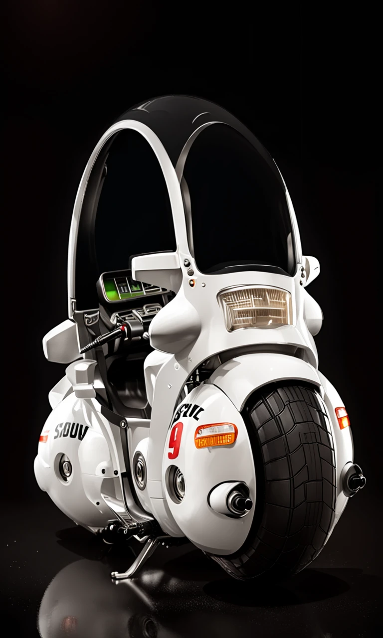 a large round motorcycle with a windshield, spherical, best quality, highly detailed, bokeh, <lora:cap9motosdxl:1>, black simple background, text "Capsule 9"