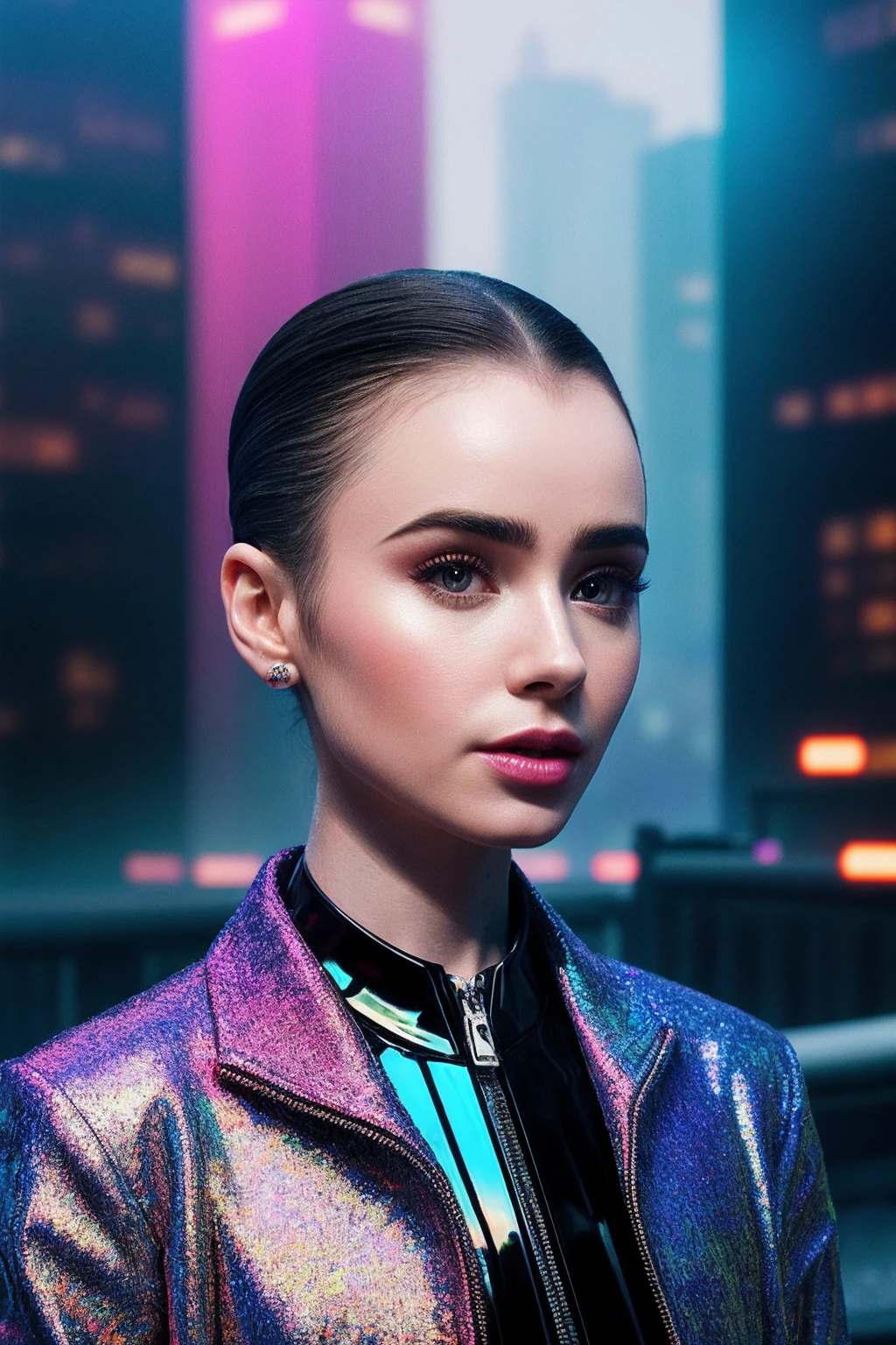 LilyC_SoloTI_v1,
(Clad in avant-garde metallic garments with sleek lines and futuristic accessories, with geometric makeup and sleek, slicked-back hair),
(Within a high-tech cityscape of towering glass skyscrapers and neon-lit streets, where holographic advertisements flicker and drones zip through the air:1.3),
(seductive:1.3),(analog, cinematic, film grain, hazy atmosphere, cinematic shot:1.3), 
 <lora:add_detail:0.8>,<lora:LowRa:0>, PA7_Portrait-MCU,
