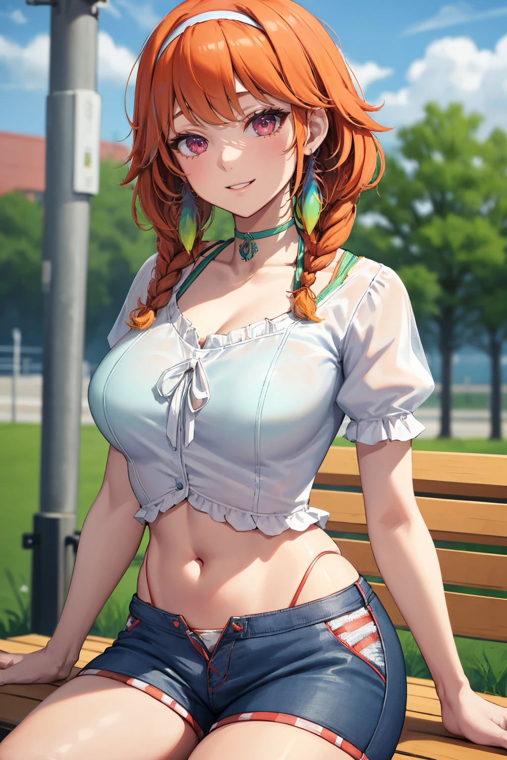 masterpiece, best quality, absurdres, 1girl, solo, KiaraCasual, twin braids, hair flaps, white hairband, feather earrings, aqua pendant choker, white blouse, see-through, short sleeves, bikini under clothes, midriff, denim shorts, outdoors, park scene, on bench, smile, <lora:TakanashiKiara:1>