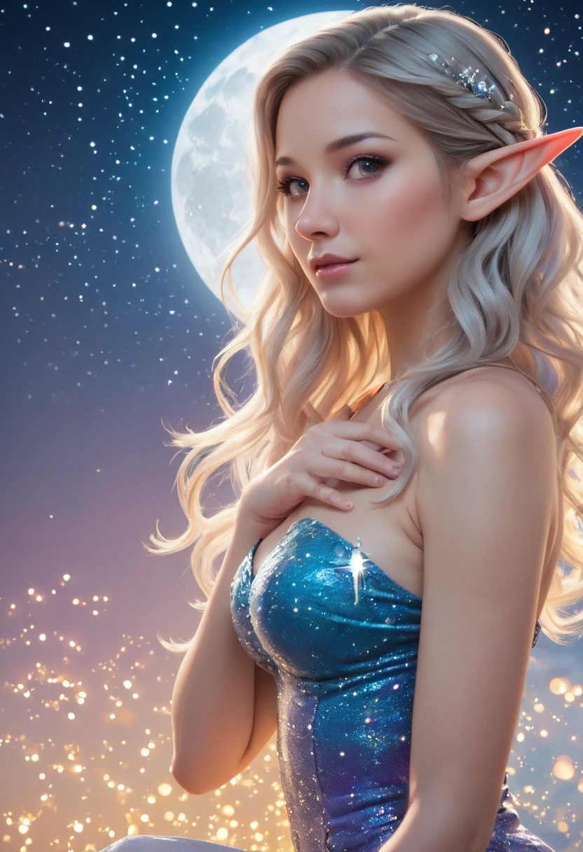 1girl, absurdres, (best quality, masterpiece, colorful, highest detailed), perfect face, upper body photo, fashion photography of cute elf-girl, pointy ears, sitting on a small hill looking at night sky, sparkly dress, side view, full moon, cascade of stars, majestic night sky, ultra-realistic, extremely detailed, zPDXL