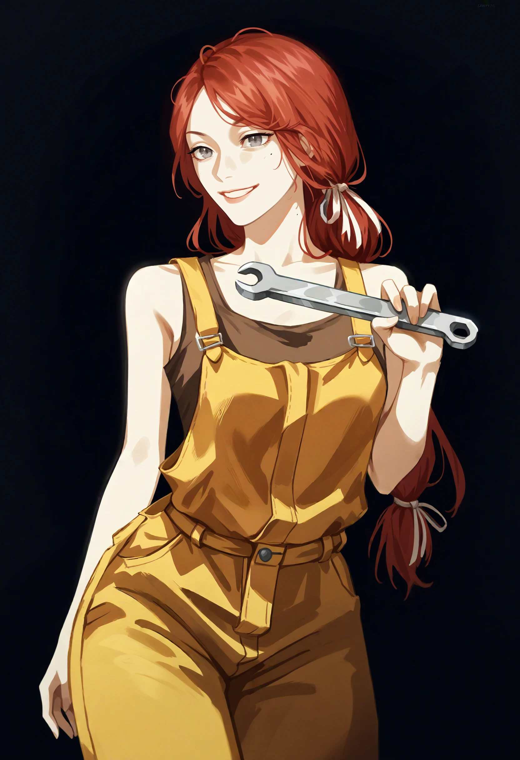 score_9, score_8_up, score_7_up, score_6_up, score_5_up, score_4_up,
BREAK
1girl, abella funger, red hair, grey eyes, light smile, low-tied long hair, long hair, hair ribbon, tied hair, swept bangs,
BREAK
standing, yellow overalls, medium breasts, brown tank top, holding large wrench, weapon over shoulder,
BREAK
black background, simple background, dynamic pose, dark, <lora:Lunas-Uqi32-SDXL-A1:1> <lora:Lunas-Abella-Funger-SDXL-A1:1>
