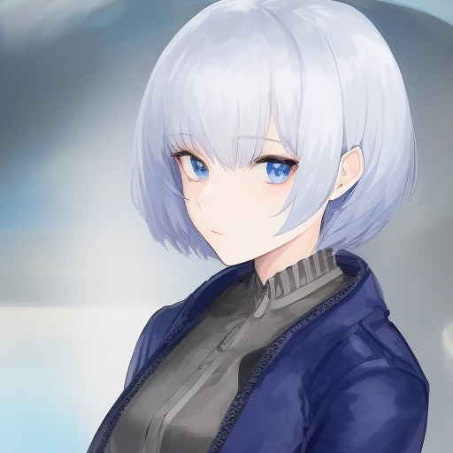 masterpiece, 1girl, detailed face + Sapphire :1.5, nose, silver, ( bomber jacket :1.2), closed mouth, looking at viewer, short hair , background: plain , solo, upper body