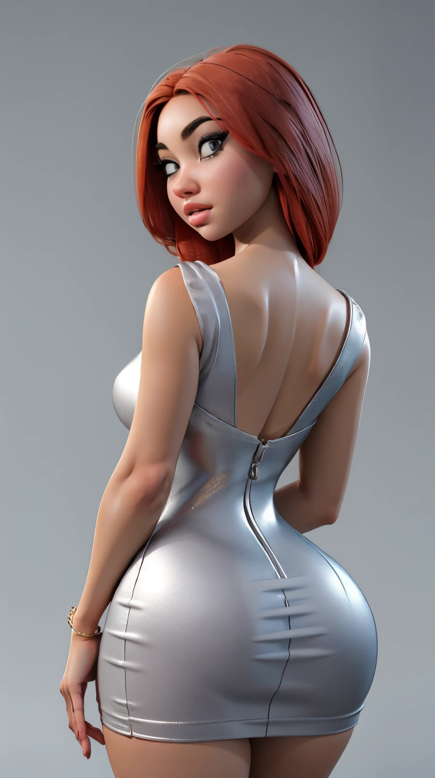 high detailed, masterpiece <lora:F4k33D-01:0.7> 1girl cartoon character in a silver silk dress, detailed black eyes, red hair, (upper body, cowboy shot), from behind, looking at viewer, perfect hands, big breast, wide hips, thick thighs, ultra realistic digital art, a 3D render, photorealism, clean scene, grey background, grey wall,  <lora:Loraeyes_V1:0.8>