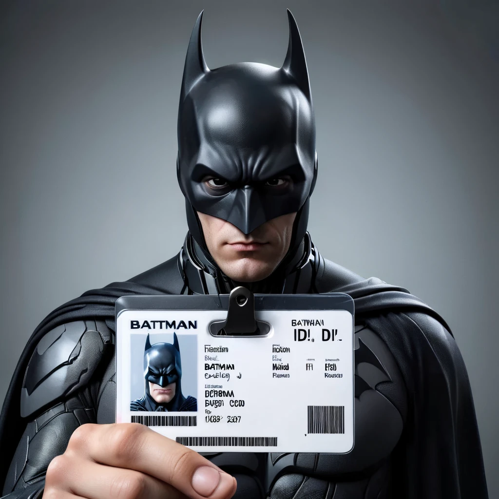 a batman holding a id card,<lora:seemycard3:0.85>