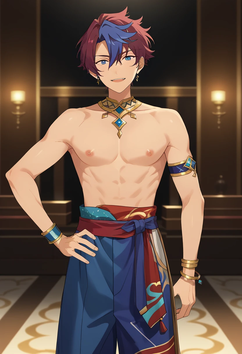 score_9, score_8_up, score_7_up, masterpiece, best quality, solo, cute, male focus,Nice Arneb Thunder, multicolored hair, red hair,tattoo, anklet, gold necklace, blue pants, JEWELRY, topless<lora:EMS-362853-EMS:1.000000>, <lora:EMS-362297-EMS:0.700000>