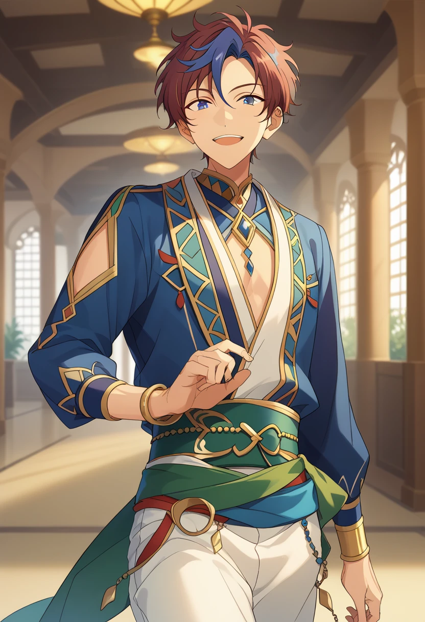 score_9, score_8_up, score_7_up, masterpiece, best quality, solo, cute, male focus,Nice Arneb Thunder, multicolored hair, miDRIFF, arabic clothes, white pants, sash, blue jacket, green belt<lora:EMS-362853-EMS:1.000000>, <lora:EMS-358785-EMS:0.700000>