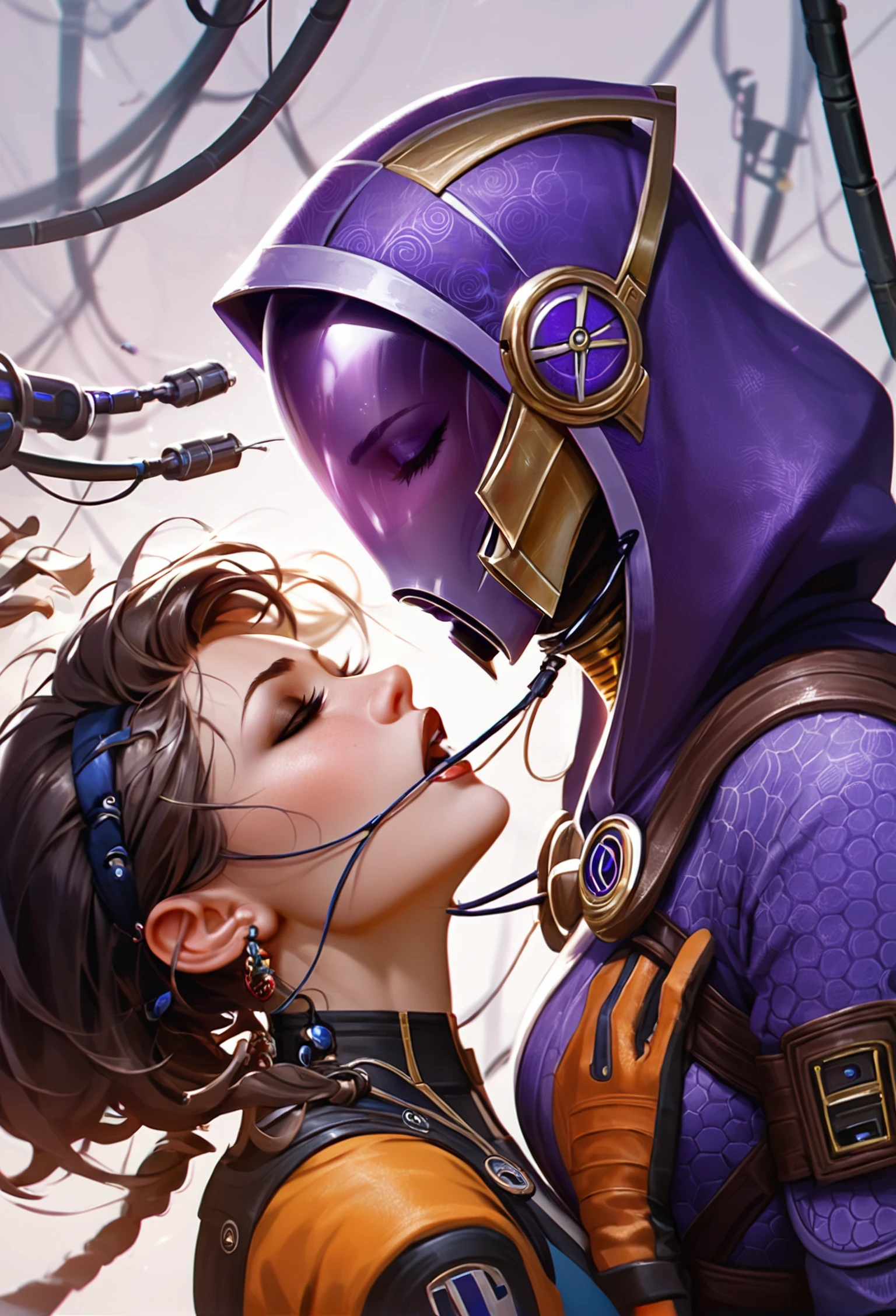 score_9, score_8_up, score_7_up, Tali'Zorah from "Mass Effect" works on a complex gadget aboard the Normandy, her technical brilliance occasionally interrupted by her tools slipping from her grasp or her tripping over wires. Her quirky, endearing nature and hidden face make her moments of vulnerability especially touching.