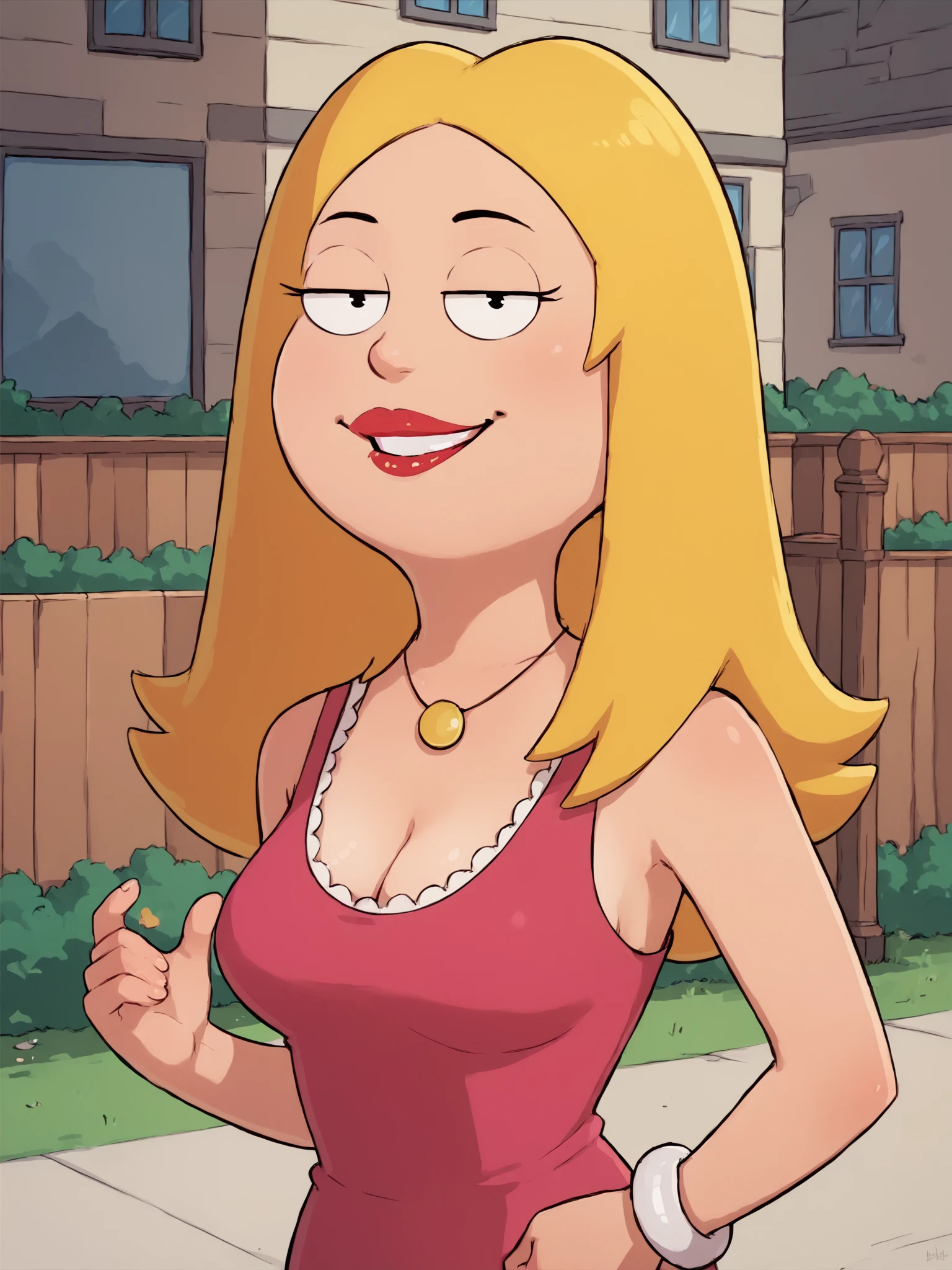 <lora:francinePony20epochs:1> francine,flat color,  blonde hair, 1girl, long hair, white braclet, breasts, solo, necklace, cleavage, pink dress, dress, red lips, standing,looking at viewer,outdoors, upper body,   breasts, smile,   score_9, score_8_up, score_7_up, score_6_up, score_5_up, score_4_up