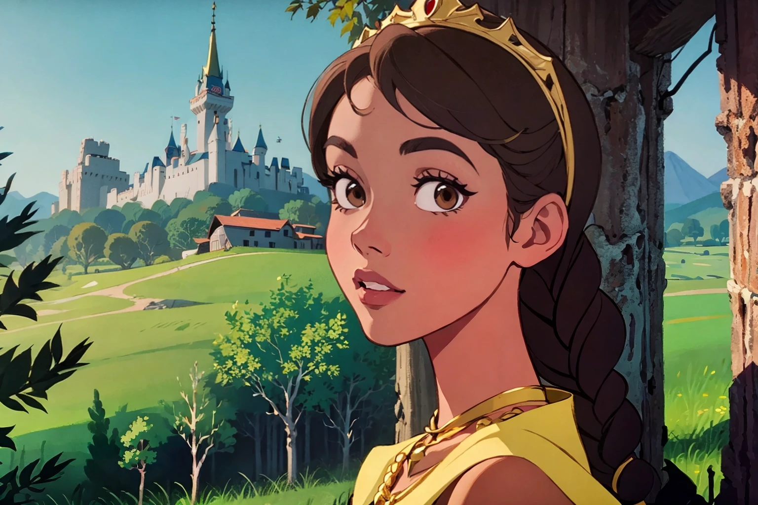 <lora:18CDF0F04D:0.6> A beautiful african princess, in the forest, )(brown skin tone)), braided hair, technocolor. Perfect brown eyes. Iris detail. Perfect detail. Animated disney painting. ((Landscape view)), medium closeup portrait.