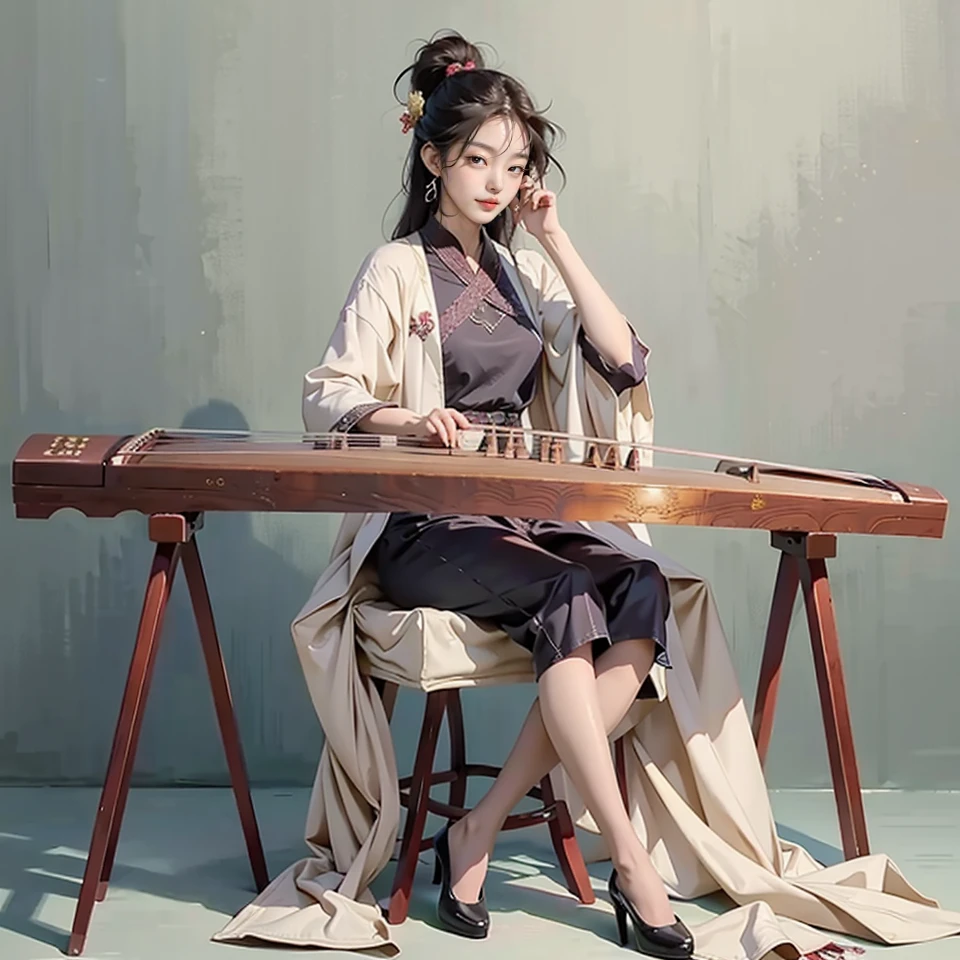 1girl, sitting, high heels, playing guzheng, guzheng, bare arms, pantyhose, masterpiece, best quelity, 8k, Cardigan, Fringe hairstyle, In an art-filled gallery