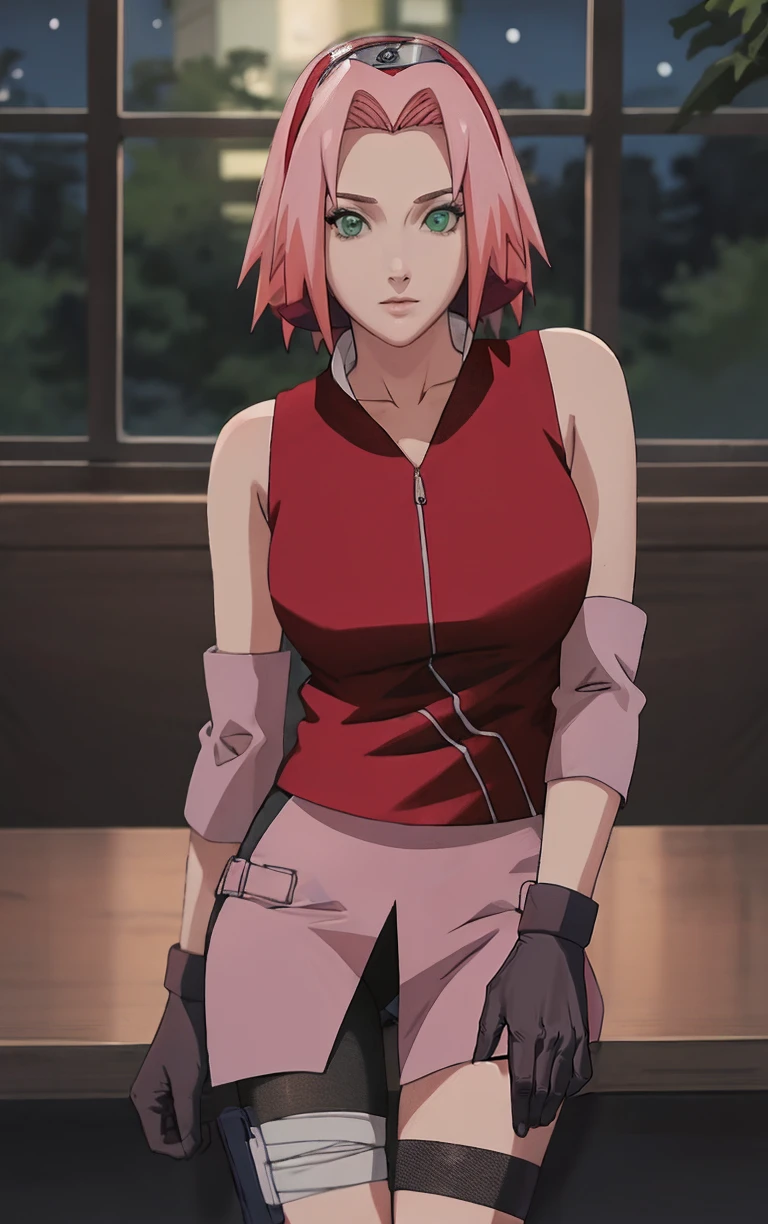 NARUTO_Sakura_Combat_ownwaifu,
1girl, haruno sakura, short hair, pink hair, green eyes, hair intakes, collarbone, forehead protector, headband, red hairband, konohagakure symbol,
bare shoulders, bandages, sleeveless jacket, red jacket, bike shorts, black shorts, leg wrap, bandaged leg, elbow pads, zipper,
<lora:NARUTO_SakuraHaruno_ownwaifu:1> ,
((masterpiece)),((best quality)),(highres, absurdres), original, official_art, bokeh, depth_of_field, wisteria, loaded_interior, potted_plant, window_shade, indoors, spotlight, night, focused, looking at viewer, solo, cowboy shot,