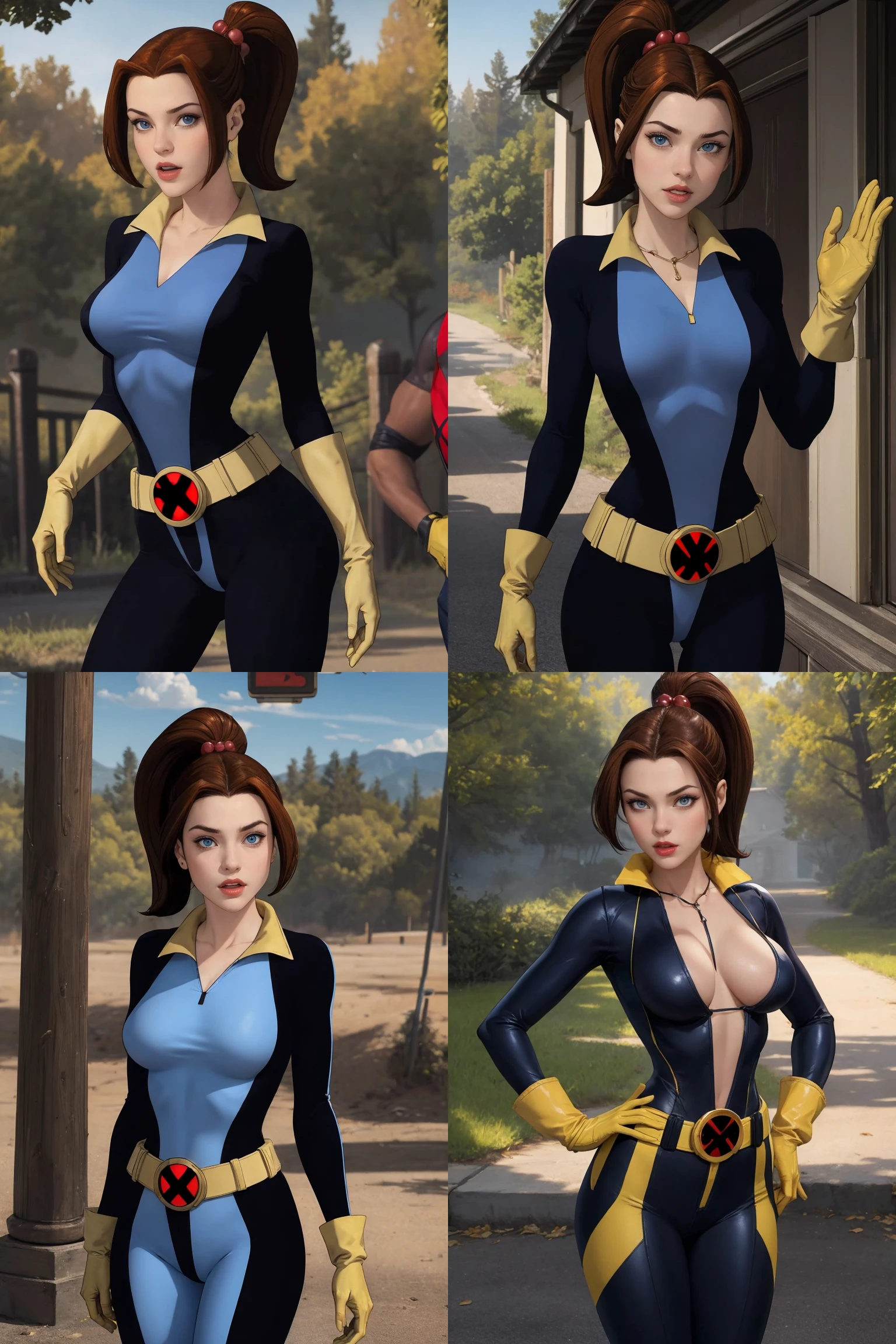 KittyPryde_Shadowcat_ownwaifu, 
1girl, brown hair, ponytail, lipstick, blue eyes, makeup, hair ornament, red lips, long hair, breasts, high ponytail, hair bobbles, medium breasts, 
gloves, belt, bodysuit, yellow gloves, 
{<lora:CARTOON_X_MEN_Evolution_KittyPryde_ownwaifu:1> |<lora:CARTOON_X_MEN_Evolution_KittyPryde_ownwaifu:0.9> |<lora:CARTOON_X_MEN_Evolution_KittyPryde_ownwaifu:0.8> |<lora:CARTOON_X_MEN_Evolution_KittyPryde_ownwaifu:0.65> }
(masterpiece),(best quality),(highres),(extremely detailed CG unity 8k wallpaper), cowboy shot, looking at viewer, solo, focused, outdoors, day,