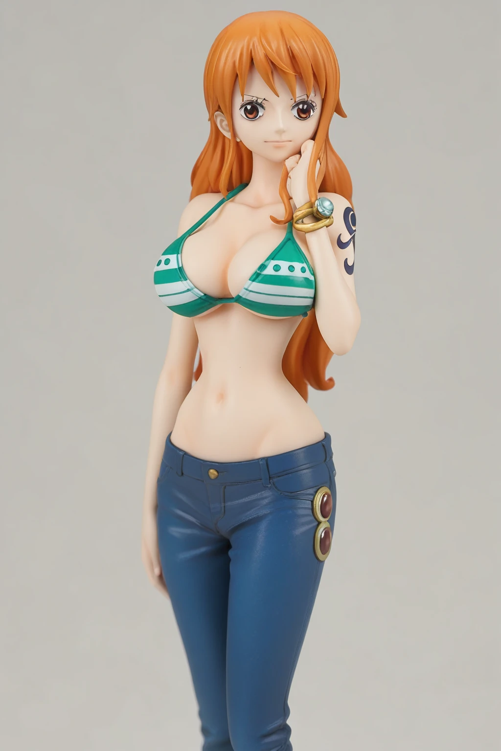 a cartoon picture of a woman in a bikini top and jeans, nami one piece, nami from one piece, nami, beautiful portrait of nami, from one piece, oppai, blue eyes, smoking, ponytail