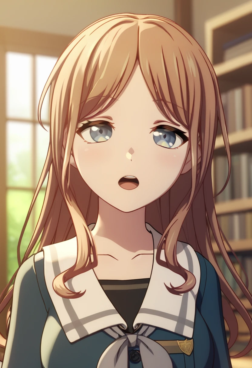 score_9,score_8_up,score_7_up,<lora: nagasaki_soyo_pony:1>,1girl, solo, portrait, 3d, indoors, blush, collarbone, serafuku, nagasaki soyo, white_sailor_collar, black_shirt, parted_lips, blurry_background, upper_teeth_only, open_mouth, bookshelf