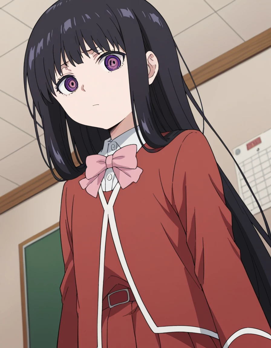 score_9, score_8_up, score_7_up, source_anime,
otoadashino, <lora:oto-adashino-s1-ponyxl-lora-nochekaiser:1>,
oto adashino, long hair,  bangs, black hair, very long hair, purple eyes, ringed eyes,
skirt, shirt, long sleeves, bow, school uniform, jacket, white shirt, bowtie, red skirt, pink bow, red jacket, pink bowtie,
indoors, classroom,
looking at viewer, cowboy shot, solo, dutch angle,