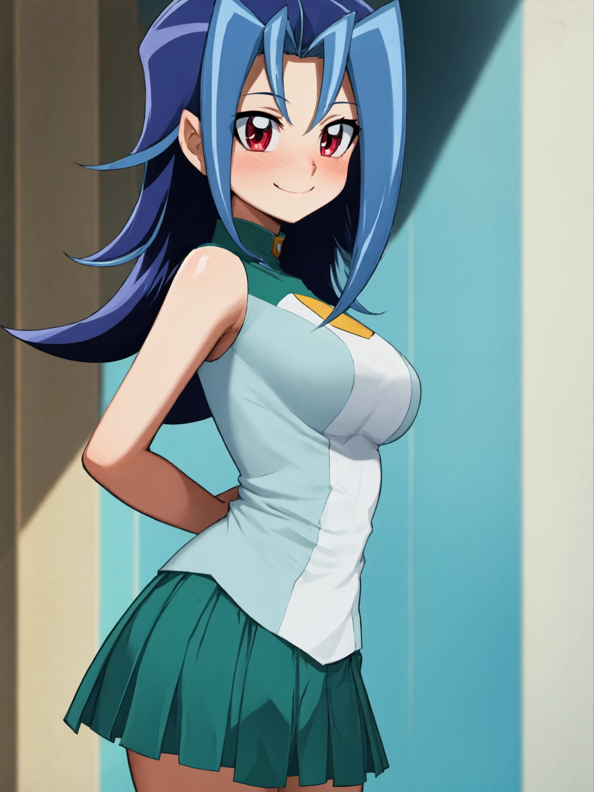 SLE, mksks style, detailed background absurdres, highres, cowboy shot, solo, 1girl, <lora:Rio Kamishiro (Yu-Gi-Oh ZEXAL):1>, rio_kamishiro, costume_school, standing, arms behind back, smile, blush, leaning forward, looking at viewer, school, classroom, indoors, sunlight