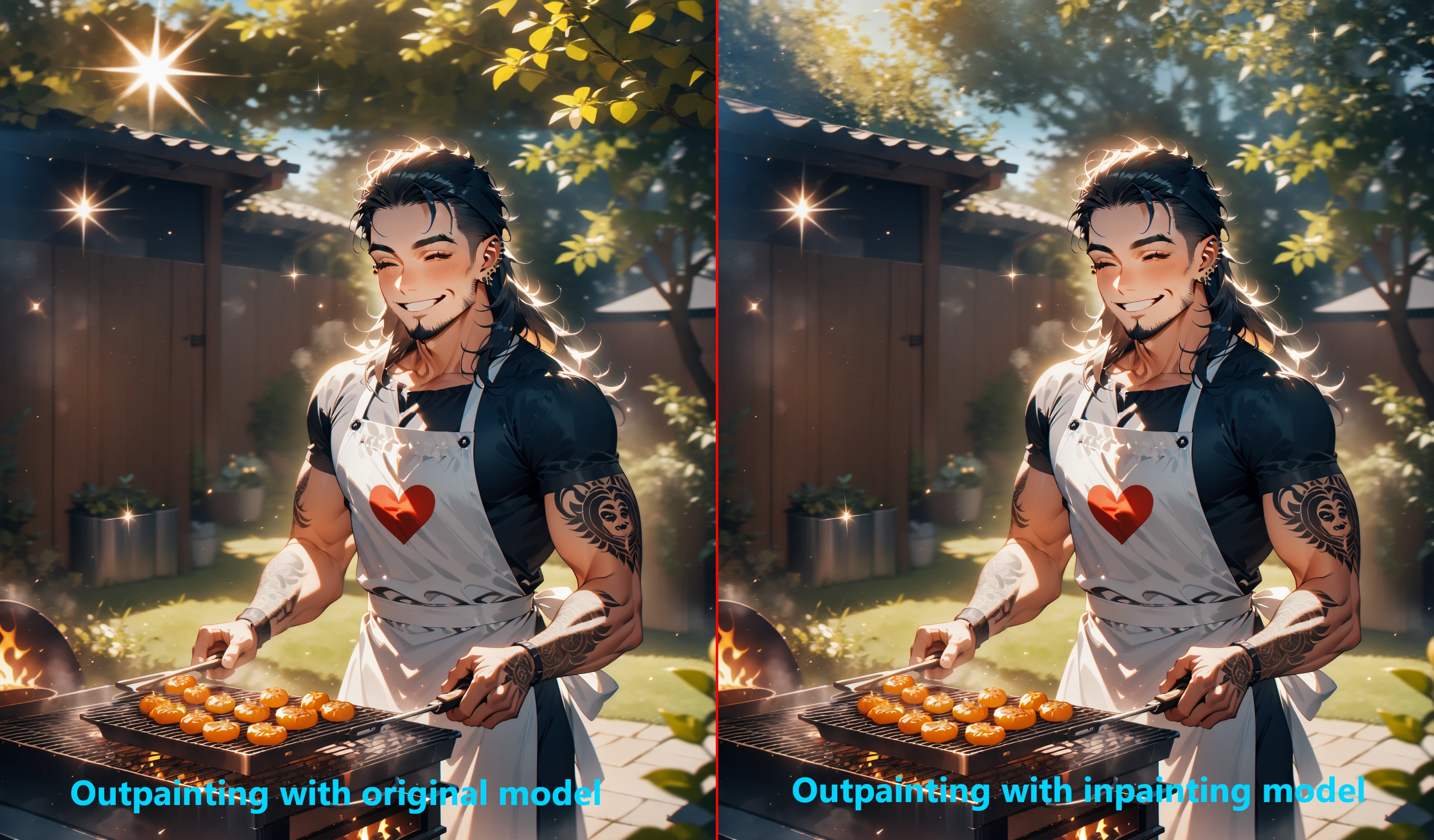 masterpiece, best quality, very aesthetic, absurdres, handsome man grilling outdoors wearing a white apron with a big red heart, closed eyes, wide smile, short beard, long hair, tattoos, piercings, sparkles, sunny, in the backyard <lora:Anime Summer Days 2 Style SDXL_LoRA_Pony Diffusion V6 XL:1>