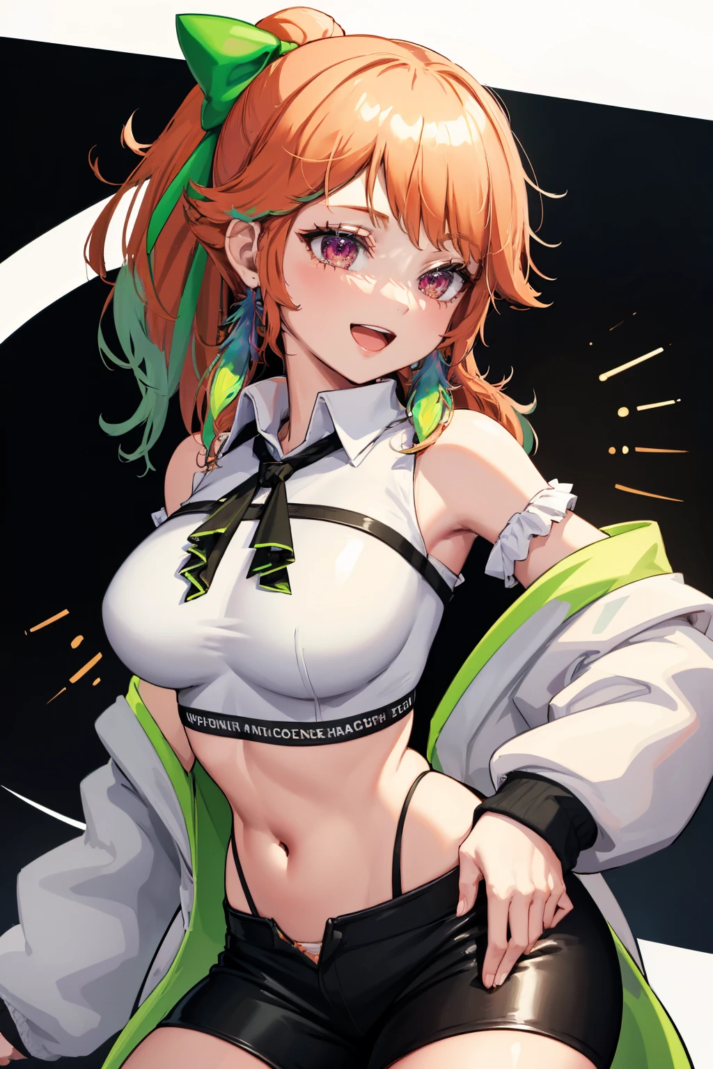 masterpiece, best quality, absurdres, 1girl, solo, KiaraPhoenix, medium hair, ponytail, green hair bow, feather earrings, black ribbon, headphones around neck, collared shirt, white shirt, crop top, sleeveless, black shorts, short shorts, white jacket, off shoulder, smile, :d, <lora:TakanashiKiara:1>