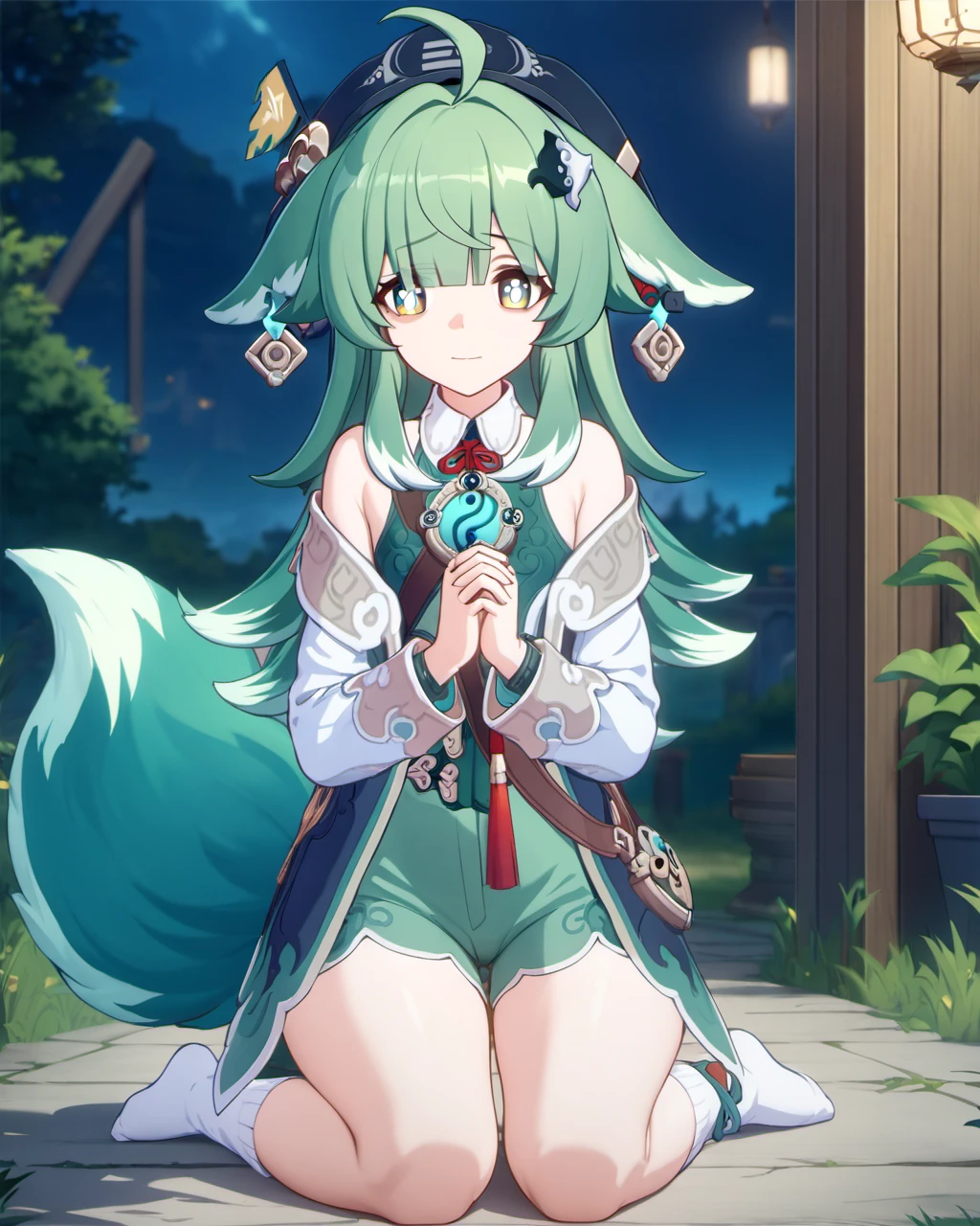 (extremely detailed CG),(best quality),<lora:huohuo_xl.v1:1>,huohuo\(honkai star rail\),1girl,perfect face,bright pupils,(finely detailed beautiful eyes),green eyes,wide hips,narrow waist,green hair,bangs,long hair,ahoge,animal ears,beret,hair ornament,shorts,white socks,shirt,off shoulder,fox tail,worried,night,outdoors,light smile,wariza,v legs,blush,full body,depth of field,praying