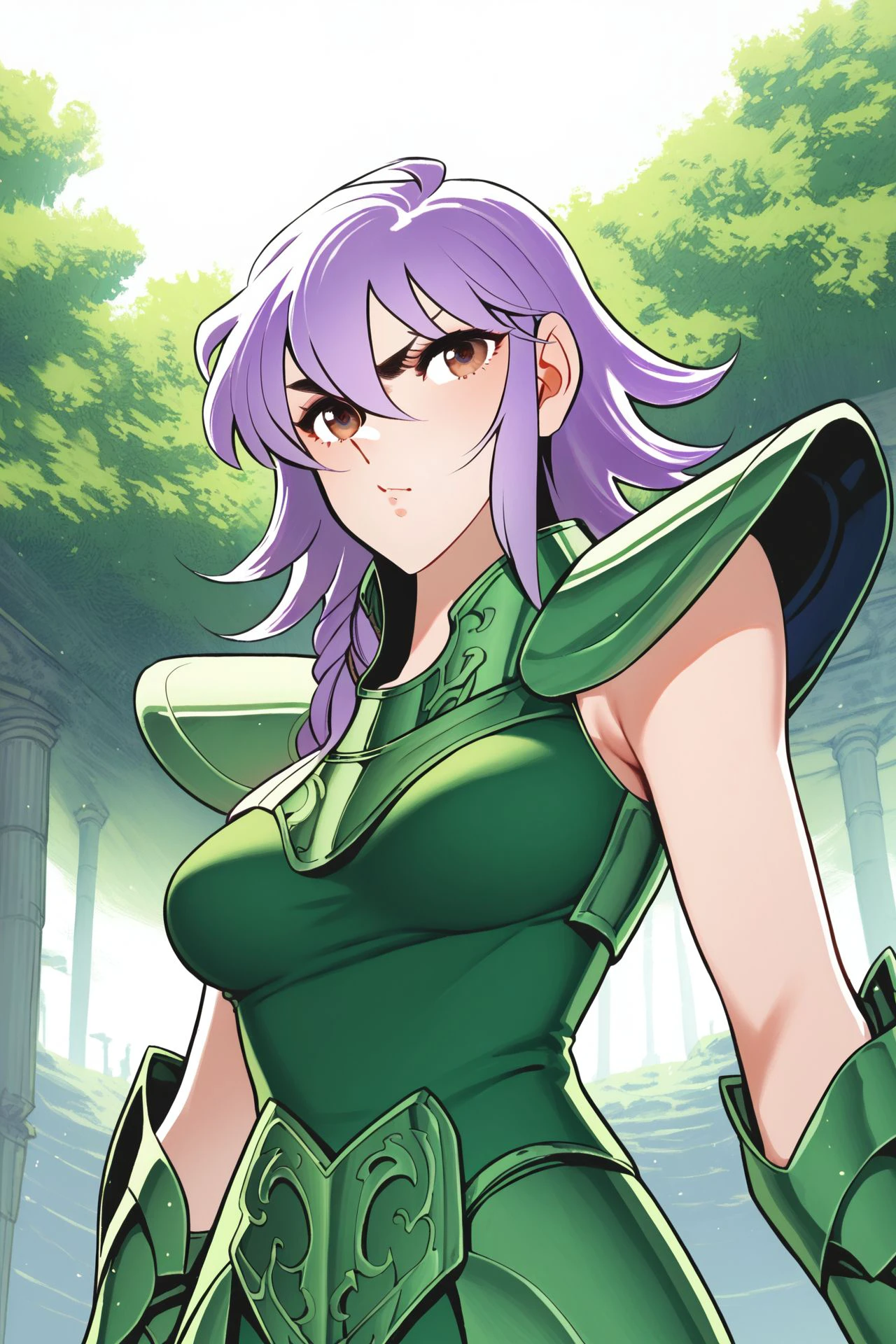 score_9, score_8_up, score_7_up, 1girl, solo, :3, light_purple hair, hair_between_eyes, single_braid, dark_brown eyes, breasts, green armor, outdoors, <lora:Masami_Kurumada_PonyXL_style_v01.10.025:1>-