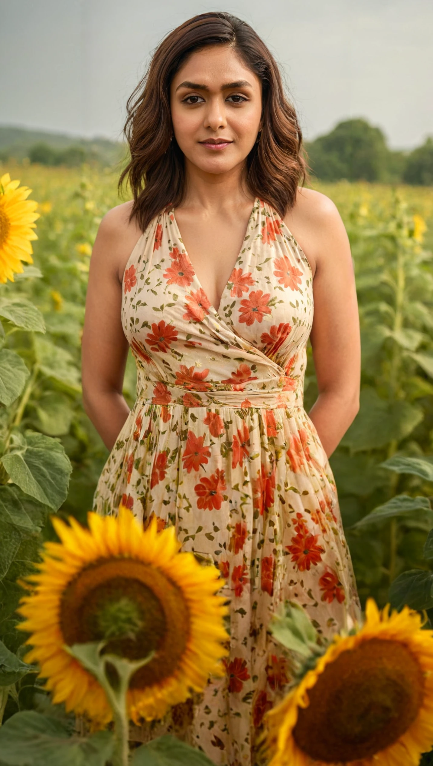 cinematic still Super Close up cinematic photo of ((mrunhwx woman)),((Looking at viewer:1.2)) ((wearing a windswept floral summer dress)), outdoors, sunflower field, sun set, reflections, , .35mm photograph, film,atmospheric lighting, bokeh, professional, 4k, highly detailed . emotional, harmonious, vignette, 4k epic detailed, shot on kodak, 35mm photo, sharp focus, high budget, cinemascope, moody, epic, gorgeous, film grain, grainy, Super Close up cinematic photo of ((mrunhwx woman)),((Looking at viewer:1.2)) ((wearing a windswept floral summer dress)), outdoors, sunflower field, sun set, reflections,,.35mm photograph, film,atmospheric lighting, bokeh, professional, 4k, highly detailed, light shining, beautiful, stunning