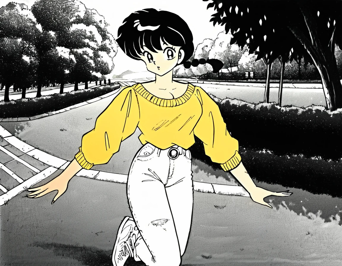 line art drawing score_9, score_8_up, source_anime, 1girl, solo, ranma, ranmaw, black hair, cleavage, Enjoying a walk in the park, sporting a mustard yellow sweater with a playful fox design, denim jeggings, and white sneakers , summer, pov, ager, detailed background . professional, sleek, modern, minimalist, graphic, line art, vector graphics, score_9, score_8_up, source_anime, 1girl, solo, ranma, ranmaw, black hair, cleavage, Enjoying a walk in the park, sporting a mustard yellow sweater with a playful fox design, denim jeggings, and white sneakers, summer, pov, teen, detailed background, enchanted, gentle
