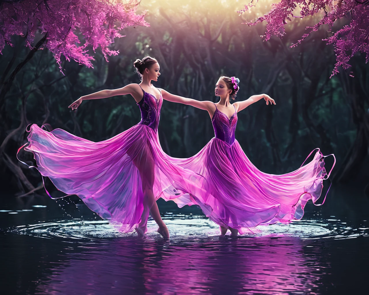 <lora:artfullyXLDANCE_SDXL_V-000004:1.1>,illustration,A beautiful dancer in pink and purple gracefully danced on the surface of an iridescent lake surrounded by whimsical trees with swirling branches that twisted like ribbons, A beautiful young girl in a pink and purple costume is dancing ballet on the stage of an enchanted forest, and she wears a silk dress that flows around her like watercolor paint. The digital art style is inspired in the style of Pixar's ' consoles rendered in Cinema4D., creating a magical atmosphere. The background is dark with glowing highlights, creating depth of field and perspective. High resolution in the style of flowing water., creating vibrant patterns in shades of magenta and yellow. The scene was bathed in soft light, creating contrast to highlight her movements. She exudes elegance as she moves around the scene like water flowing through shallow waters. A digital illustration with vibrant colors and smooth textures