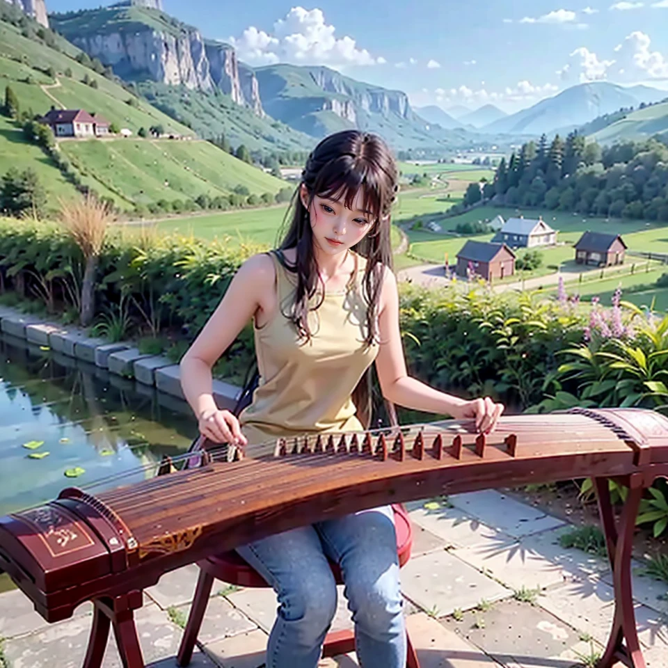 1girl, sitting, high heels, playing guzheng, guzheng, bare arms, denim, jeans, masterpiece, best quelity, 8k, Pullover, Fringe hairstyle, In a tranquil countryside town