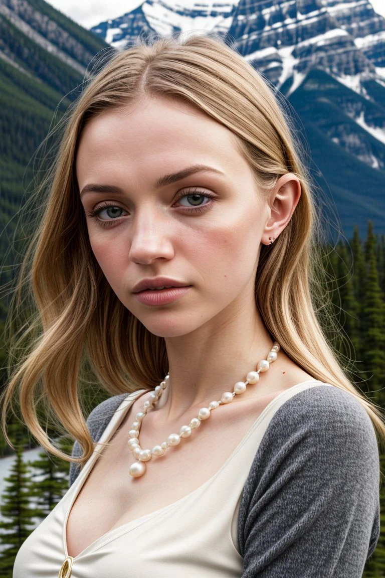 European woman, closeup, (shirt), pants, (banff national park), pearl necklace , ZM_debora , wide shoulders, perfect face, (contact iris: 1.1), pale skin, skin pores , depth of field