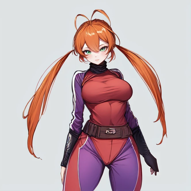 cowboy shot, solo, <lora:monicaAdenauer:0.8>, monica_adenauer, green eyes, twintails, orange hair, long hair, pink clothing, ninja suit, ninja, simple background, highres, Digital art, trending on artstation, best quality, insanely detailed, masterpiece, stunning environment, wide-angle,