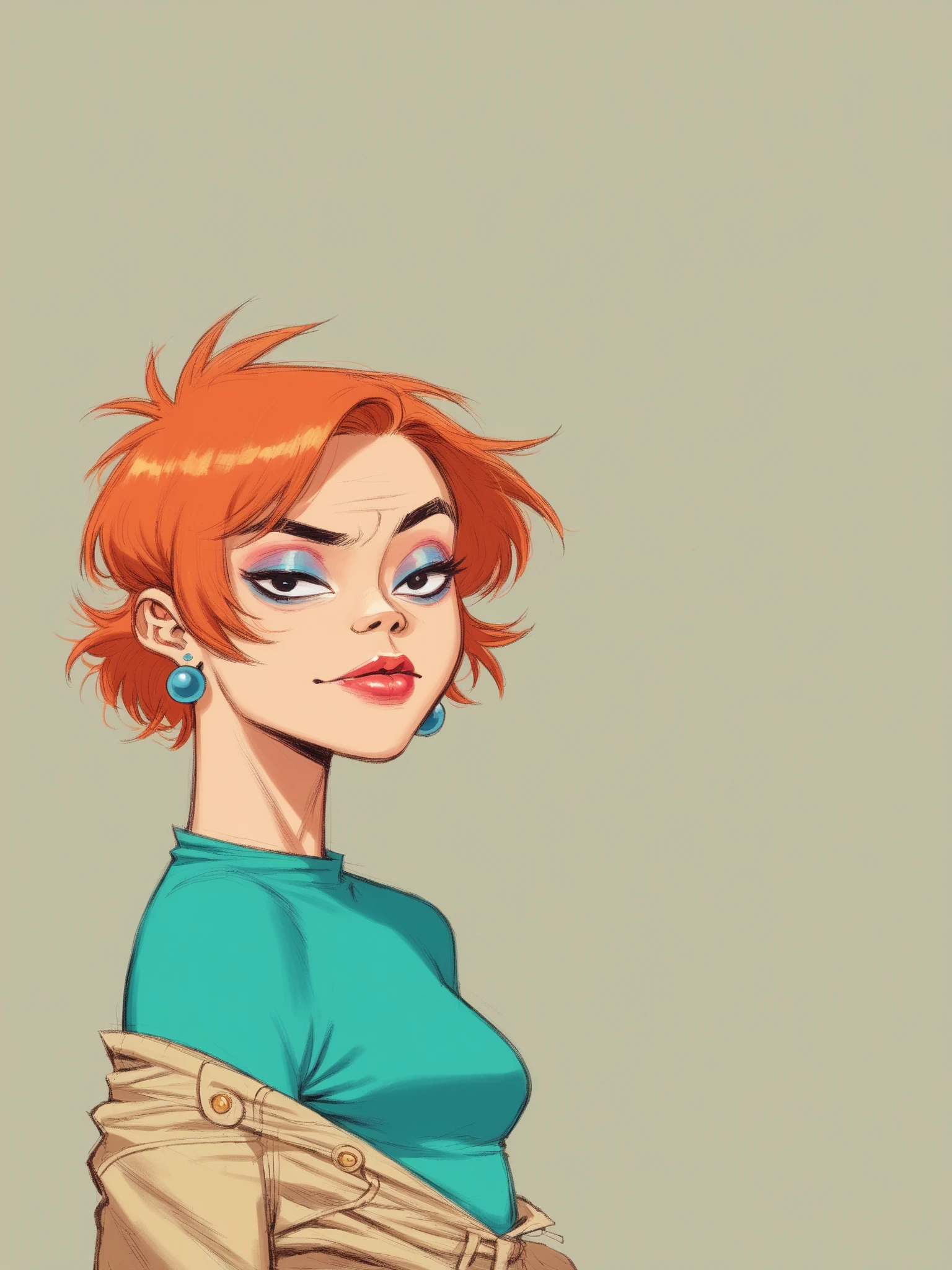 score_9, score_8_up, score_7_up, score_6_up, score_5_up, score_4_up, 1girl, in hewlls artstyle, 1girl,lois,1girl, blue earrings, jewelry, short hair, solo, lipstick, makeup, orange hair, aqua shirt, beige pants, <lora:Jamie_Hewlett_Style_Pony:0.9>