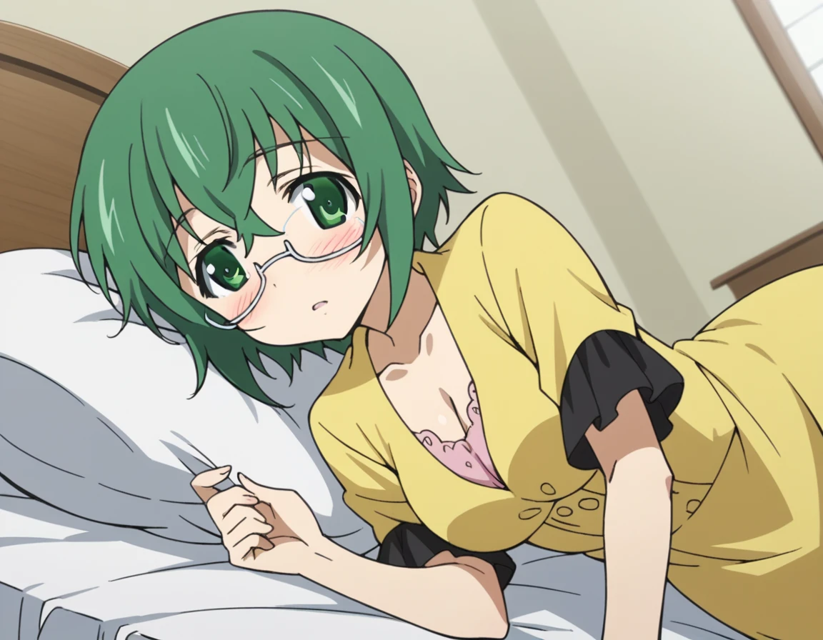 score_9, score_8_up, score_7_up, source_anime,
mayayamada, <lora:maya-yamada-s2-ponyxl-lora-nochekaiser:1>,
maya yamada, short hair, green eyes, green hair, glasses, semi-rimless eyewear, under-rim eyewear,
dress, cleavage, yellow dress, short sleeves, collarbone,
indoors, bed, bed room, on side, blush, drunk,
looking at viewer, cowboy shot, solo, dutch angle,