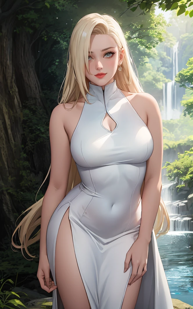 WhiteDress_InoYamanaka_ownwaifu,
1girl, bare shoulders, blonde hair, earrings, hair over one eye, jewelry, lipstick, makeup, red lips, white dress, long hair, medium breasts, side slit, sleeveless, 
<lora:NARUTO_Kunoichi_InoYamanaka_ownwaifu:0.7> ,
((masterpiece)),((best quality)),(highres), bokeh, depth_of_field, day, tree shade, sunlight, scenery, rock, waterfall, looking at viewer, solo, cowboy shot,