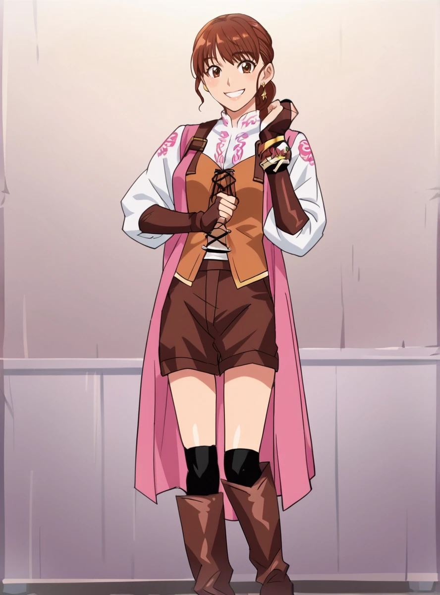score_9, score_8_up, score_7_up, score_6_up, score_5_up, score_4_up , BREAK source_anime, ,anime screencap,anime_coloring,anime_lineart, <lora:AsunaPink:1>asunapink, 1girl, smile, gloves, brown eyes, jewelry, earrings, shorts, thighhighs, boots, fingerless gloves, white shirt