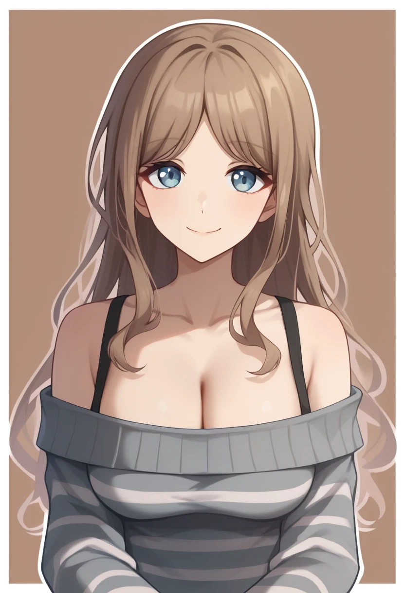 score_9,score_8_up,score_7_up,<lora: nagasaki_soyo_pony:1>,1girl, solo, brown background, upper body, looking at viewer, smile, closed mouth, cleavage, collarbone, striped clothes, off-shoulder sweater, striped sweater, grey sweater, bare shoulders, highres, outside border, white border, nagasaki soyo, outline, imai lisa \(cosplay\)