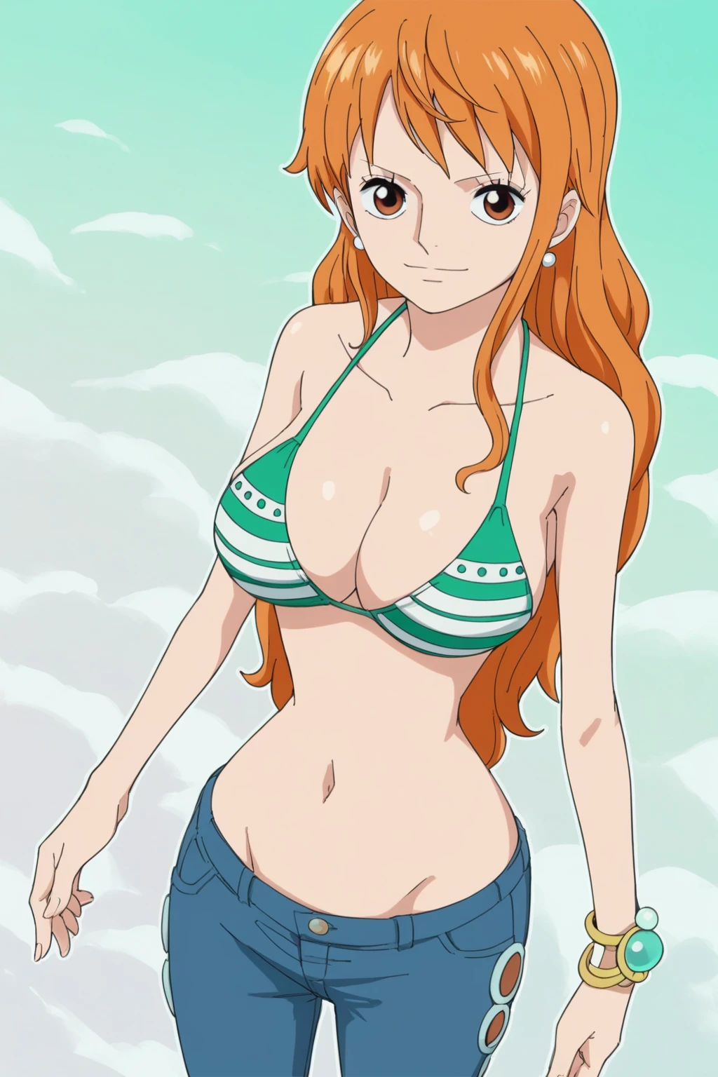 score_9, score_8_up, score_7_up, score_6_up, score_5_up, score_4_up, BREAK, source_anime,,nami_po, long hair, orange hair, 1girl, bikini top only, large breasts, jeans<lora:EMS-362876-EMS:1.000000>