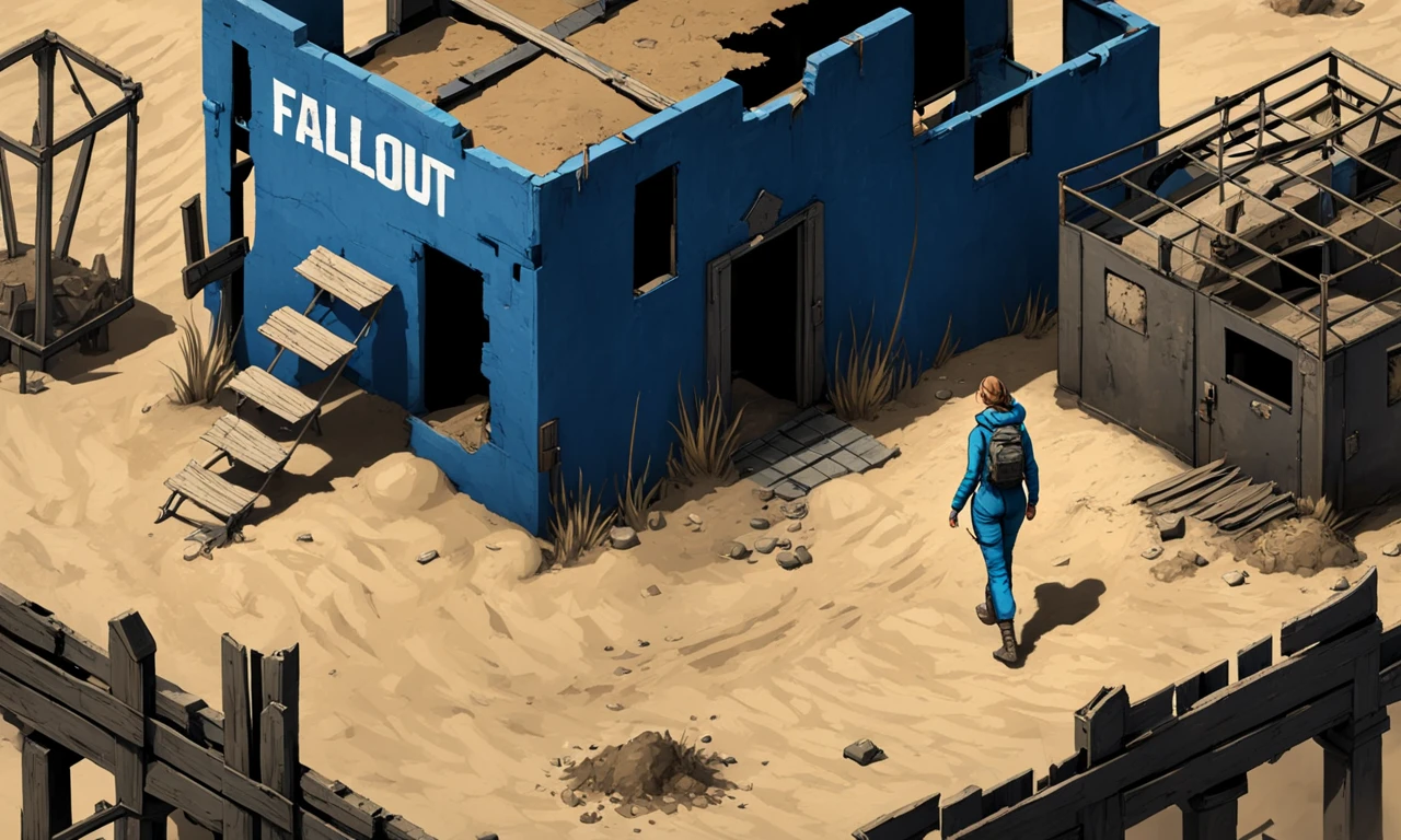 girl in a blue jumpsuit walking across a post-apocalyptic wasteland, ruined buildings, sand,   dark mood, best quality, masterpiece, fallout, isometric view, backpack, <lora:supgiantisosdxl:0.8>