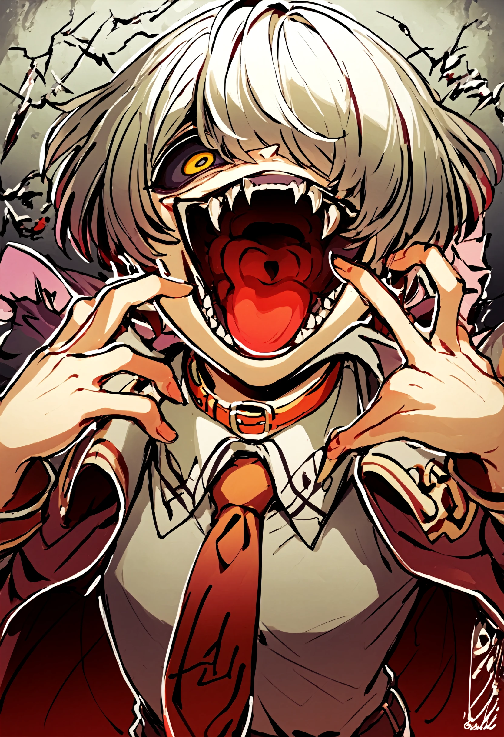 score_9, score_8_up, score_7_up, BREAK
1girl,   upper body, crazy, greyscale, teeth, tongue, hand up, collar, smile, evil, fangs, crazy, hair over one eye, collared shirt, short hair, crazy smile, hands up, shirt, medium hair, shorts, one-eyed, long sleeves, open mouth, pants, cape, vampire, crazy eyes, monochrome, comic, belt collar, short shorts, black sclera, colored sclera, necktie, arm up, jacket
<lora:You can't fix her DoRA PDXL:2>