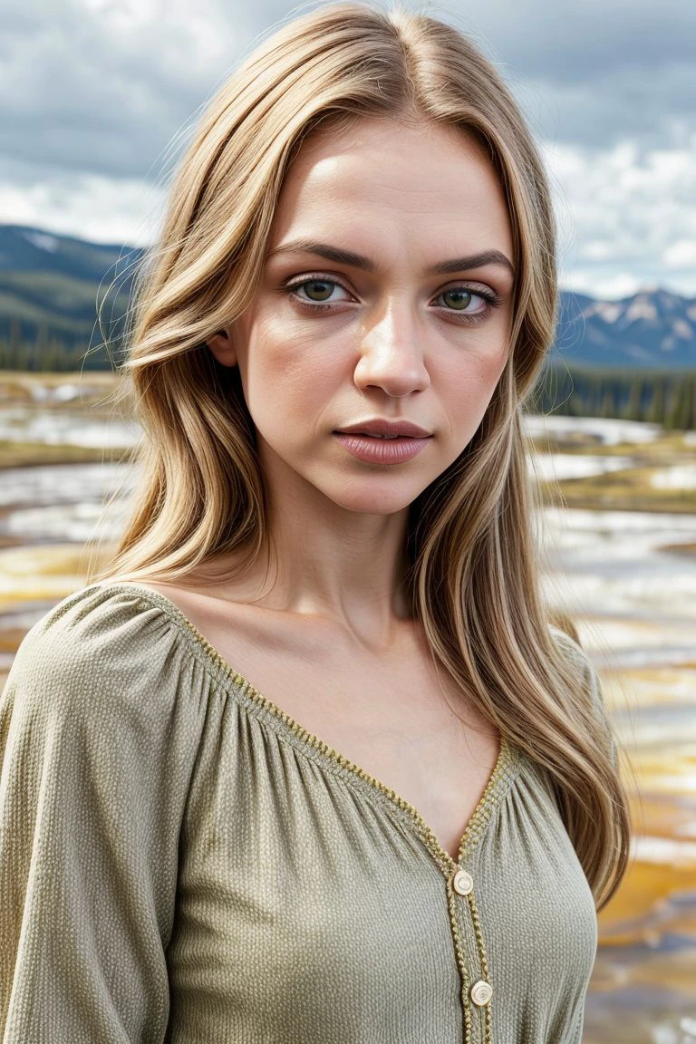 European woman, closeup, (shirt), pants, (yellowstone), (), ZM_debora , wide shoulders, perfect face, (contact iris: 1.1), pale skin, skin pores , depth of field