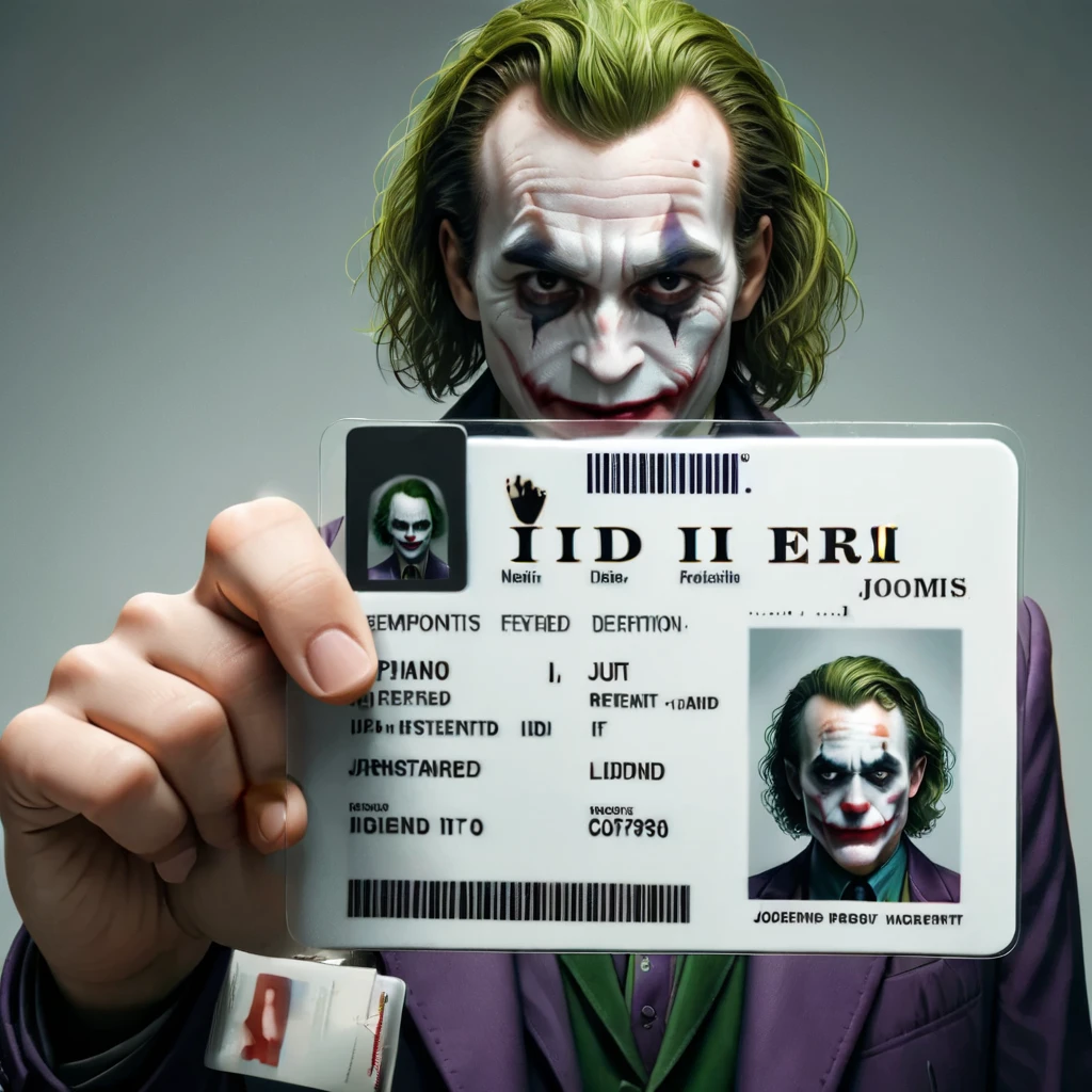 a joker holding a id card,<lora:seemycard3:0.85>