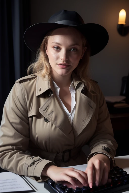 DEN_sophia_violet,
(a 1940s private investigator wearing a trench coat and rimmed hat sitting in a drab dank office at the desk using a typewriter, private investigator, 1940s:1.2),
bokeh, f1.4, 40mm, photorealistic, raw, 8k, textured skin, skin pores, intricate details <lora:epi_noiseoffset2:1>, epiCRealism <lora:ClothingAdjuster3:-1>