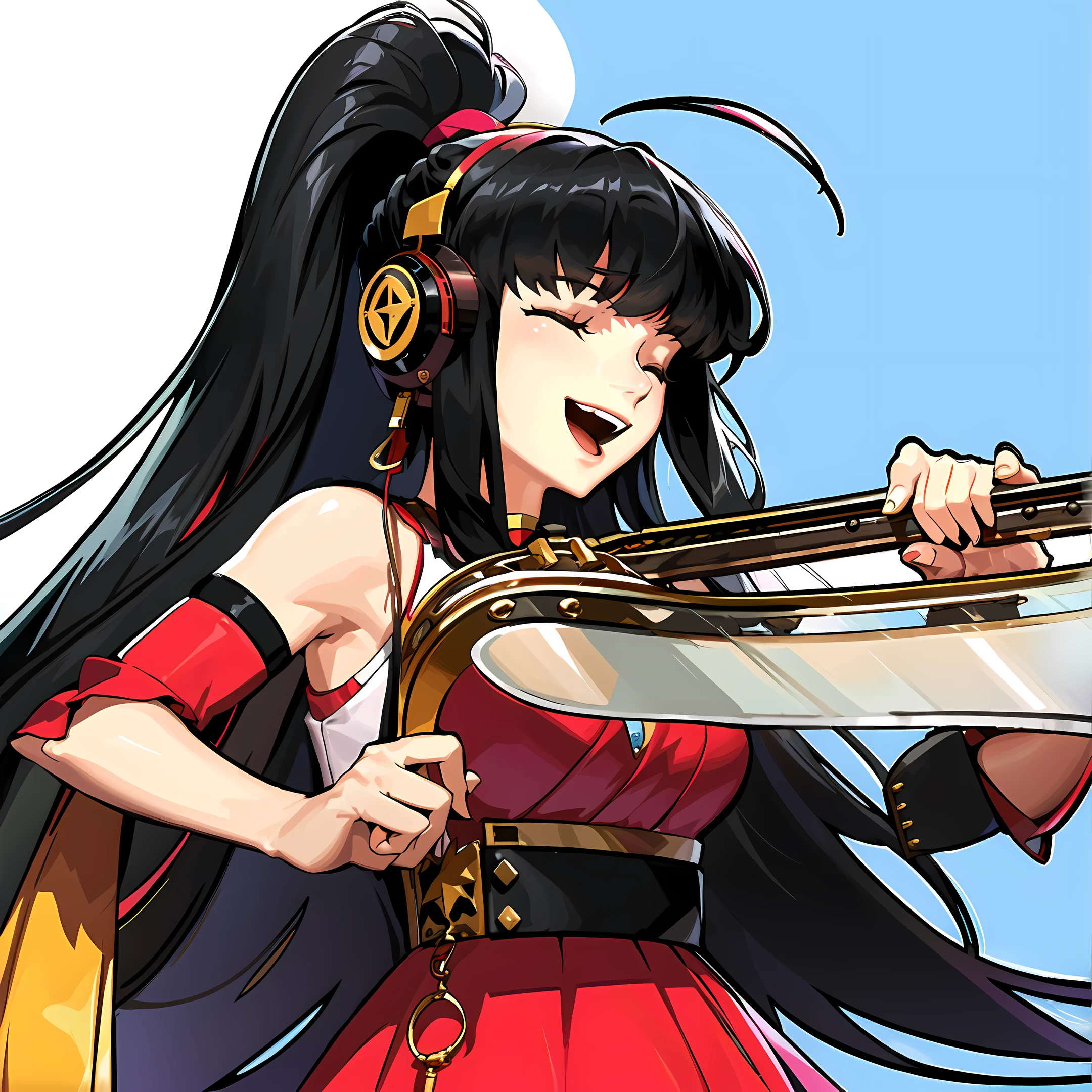 1girl, long hair, solo, closed eyes, black hair, very long hair, headphones around neck, instrument, headphones, open mouth, music, ponytail, guitar, dress, ahoge, multicolored hair, bare shoulders, smile, red dress, playing instrument, bangs, detached sleeves, breasts <lora:DNF3:0.9>,DNF