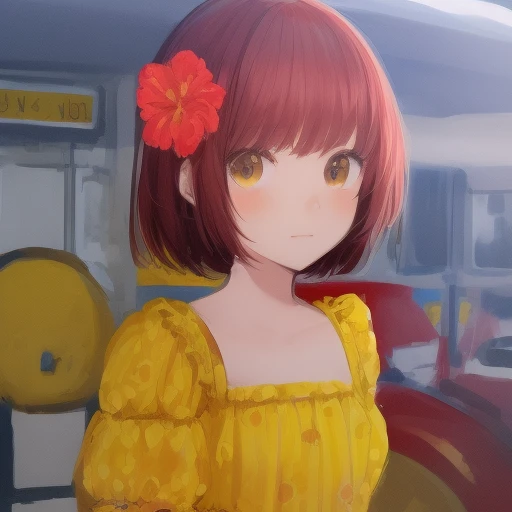 masterpiece, 1girl, detailed face + yellow :1.5, nose, red, ( dress flower :1.2), closed mouth, looking at viewer, medium hair , background: gas station , solo, upper body