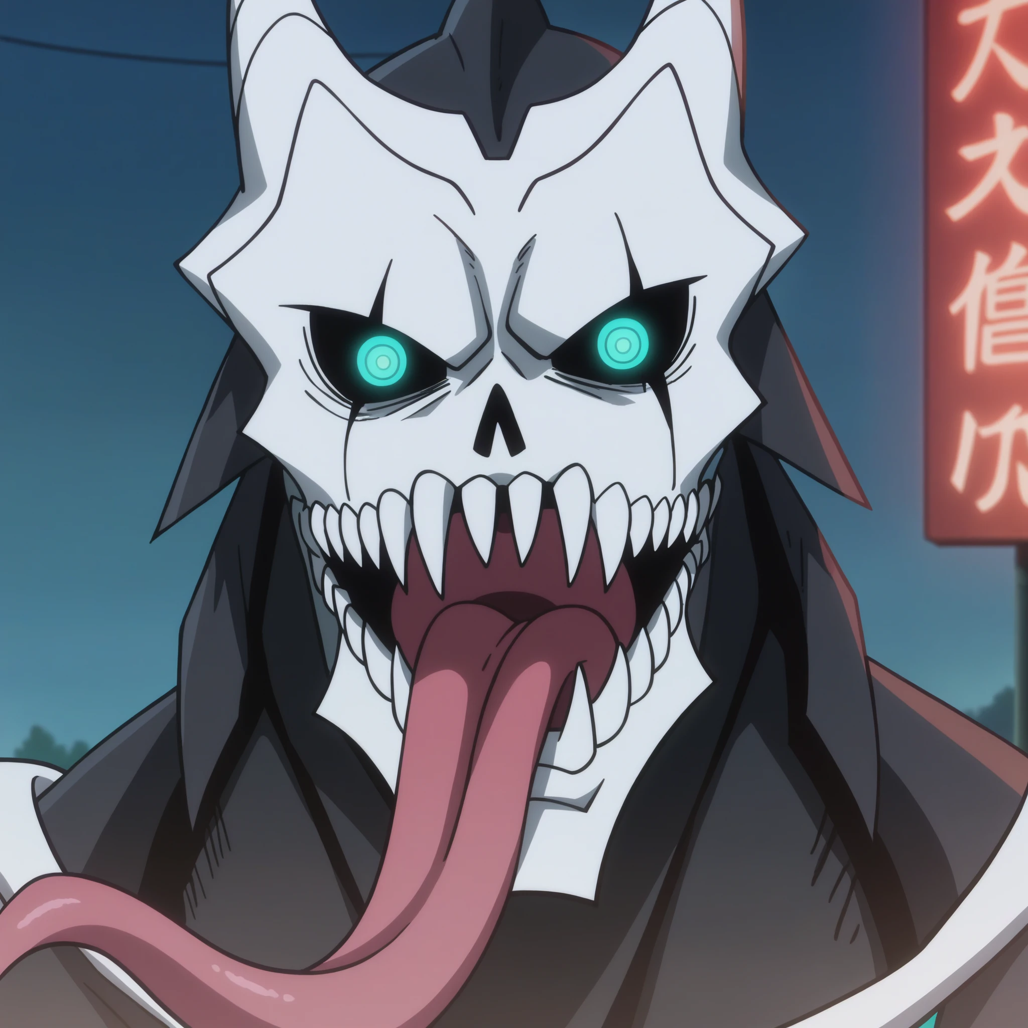 score_9,score_8_up, score_7_up, source_anime, BREAK
outdoors,
<lora:KafkaTestXL2:0.7>,kafkakaiju, 1boy, solo,glowing, glowing eyes, horns, sharp teeth, armor, aqua eyes, looking at viewer, neon trim, black sclera,portrait, tongue out, long tongue,
anime screencap, anime coloring, official art,