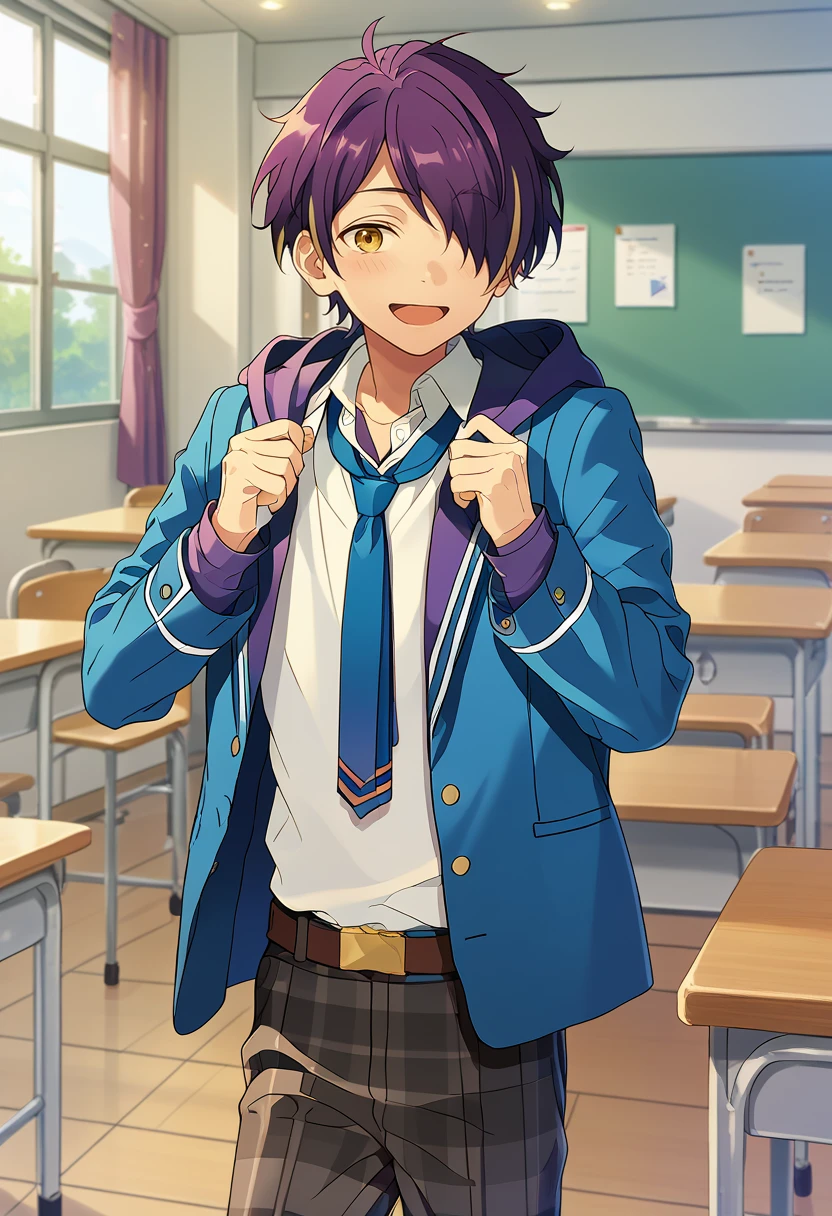 score_9, score_8_up, score_7_up, masterpiece, best quality, solo, cute, male focus, Shinobu Sengoku, multicolored hair, purple hair, yellow eyes, hair over one eye, school uniform, blue jacket, white shirt, blue necktie, plaid pants, white shoes, purple hoodie under jacket<lora:EMS-356239-EMS:0.600000>, <lora:EMS-362435-EMS:1.000000>