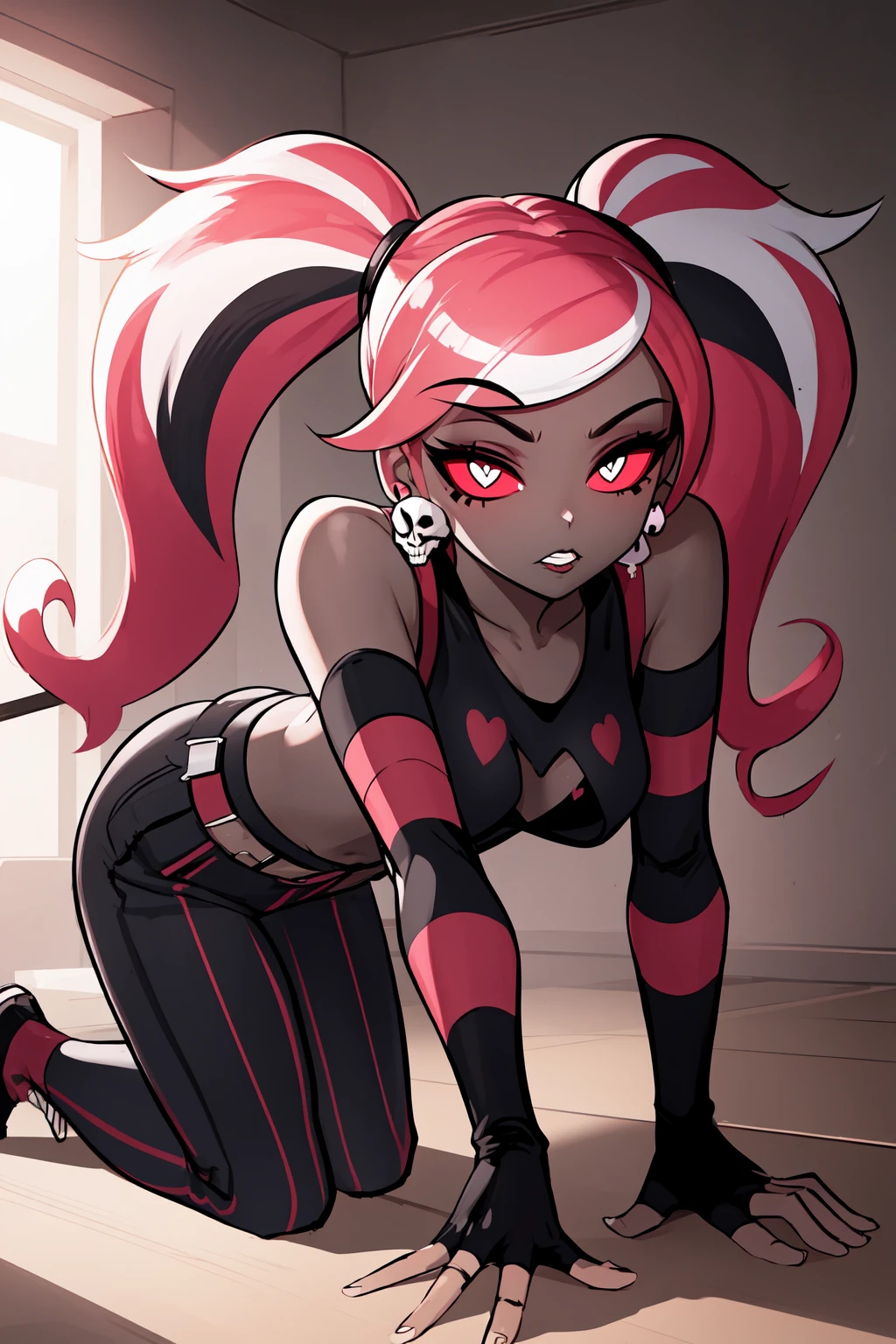 (masterpiecer, best quality), VelvetteHH, dark eyeshadow, white pupils, red sclera, pink hair, two-tone hair, twintails, long hair, skull earrings, colored skin, dark skin, black jacket, (black crop top:1.4), (crop top with heart design), bare shoulders, fingerless gloves, elbow gloves, (vertical striped pants:1.2), standing, from behind, big ass, focus ass, looking at viewer, indoors, room   
