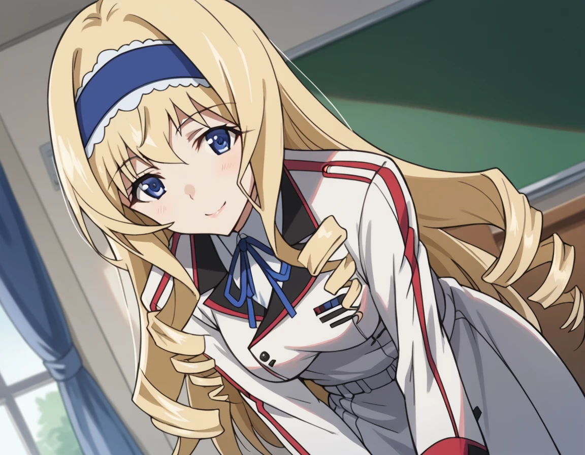 score_9, score_8_up, score_7_up, source_anime,
ceciliaalcott, <lora:cecilia-alcott-s2-ponyxl-lora-nochekaiser:1>,
cecilia alcott, long hair, blue eyes, blonde hair, hairband, drill hair, blue hairband,
school uniform, ribbon, blue ribbon, long sleeves, red trim, uniform, military uniform, white military uniform,
indoors, classroom, bent over, smile,
looking at viewer, cowboy shot, solo, dutch angle,